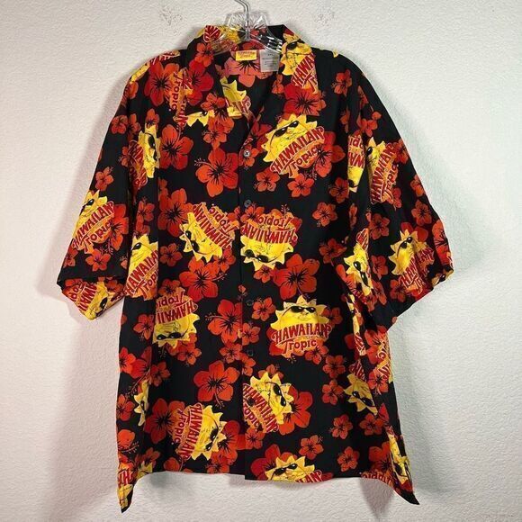 Hawaiian Tropic Mens Black‎ Yellow Orange Hibiscus Shirt Button Down XXL - Picture 1 of 5